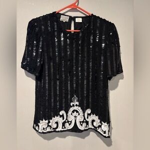 Vintage Stenay Black and White Sequin Beaded Blouse